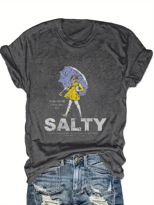Salty with Umbrella Graphic Tee - Vintage Style Summer Beachwear for Trendy Women, Perfect for Vacation and Everyday Wear, ed T-shirt SS69