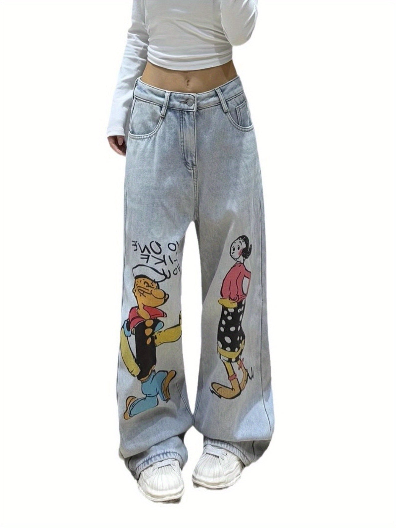 2025 new cartoon graffiti straight jeans for women light color casual versatile loose slim washed mopping trousers SS69