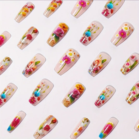 24pcs 3D Floral Press On Nails - Square Medium Length False Nails with Glossy Finish, Vibrant Blue & Red Floral Design, Includes Jelly Glue & Nail File for Women s Summer Manicure, Stylish Fake Nails Creative Beauty Accessory SS69