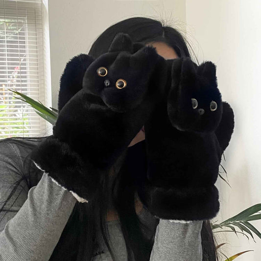 Black Cat Plush Gloves, Winter Warm Cute Cycling Thickened Double-Layer Windproof Neck Warmer Mittens, Wrist Cat, Cat Paw Mittens, Cat Paw Mitts, Cat Embroidery Mittens For Women, Cat Paws For Women, Wrist Warmer Mittens, Do