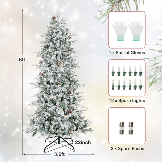 COSTWAY 6/7.5 FT Pre-Lit Artificial Christmas Tree, Snow-Flocked Hinged Xmas Tree w/ 715/1107 Branch Tips, Natural Pinecones, 210/350 Warm-White Incandescent Lights, Metal Stand, Xmas Holiday Office Home Decor SS69