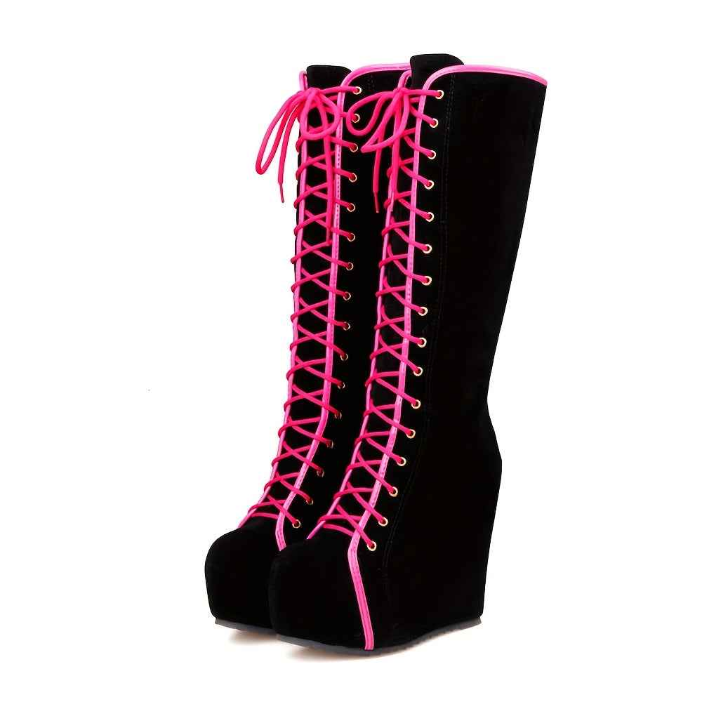 EROCALLI Women'S Gothic Y2K Platform Wedge Heel Knee-High Boots - Chunky Heel Lace-Up with Side Zipper, Faux Cover & Rubber Sole for Casual Party & Daily Wear, High Heel Boots, Party Footwear, Bold Fashion Statement, Durable