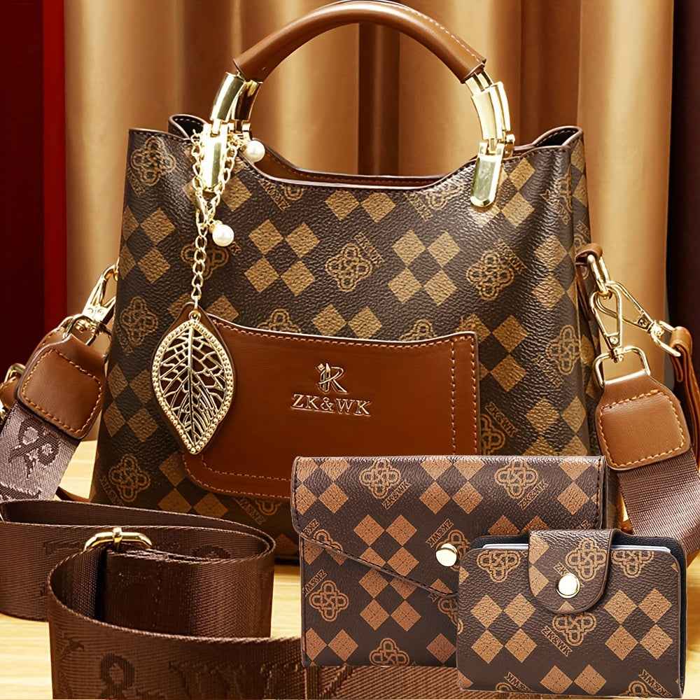 FIDM Women's 3pcs Golden Handbag Collection - Elegant ic Closure Tote, Matching Clutch & Wallet/Purse, Luxury for, Wedding, Travel (Golden-Tone, Durable & Versatile)