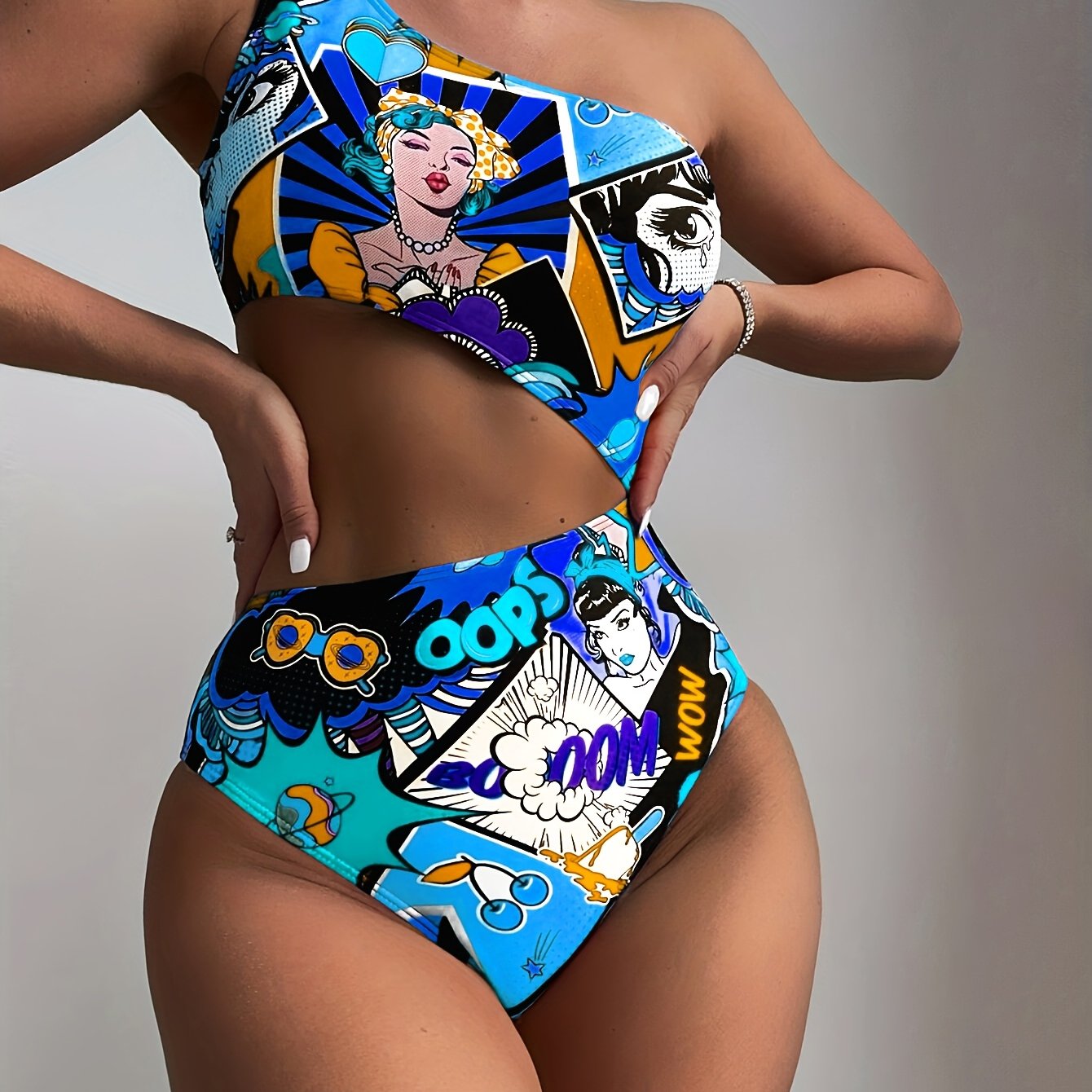Women'S Vibrant One-Shoulder Swimsuit with Colorful Cartoon Characters - High Stretch, Asymmetrical Design, Perfect for Beach and Pool, Pool Swimsuit|Playful Design|One Shoulder Swimsui SS69