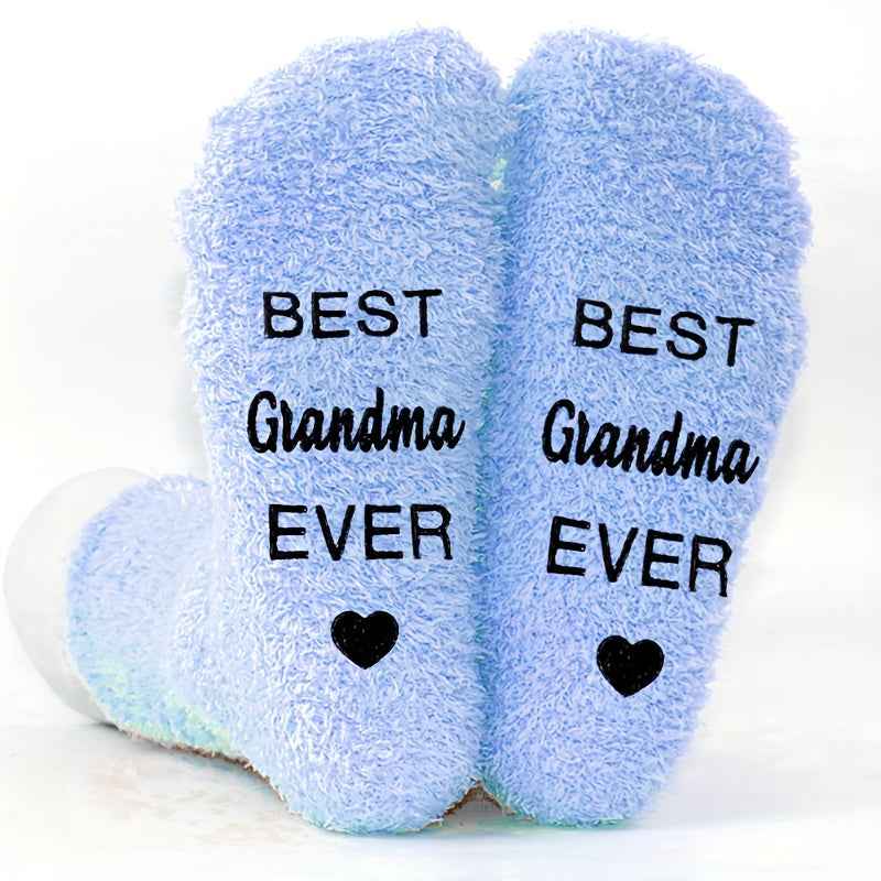 1 Pair Purple Mid-Calf Winter Warm Anti-Slip Knitted Socks with "BEST Grandma EVER" Letter Print, Perfect Gift for Birthdays, Retirement, and Parents