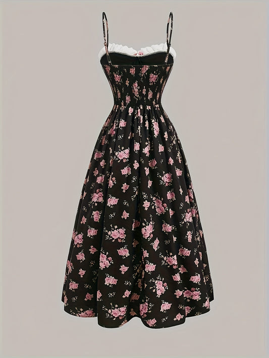 Vintage-Inspired Black Floral Off-Shoulder Dress with Lace Trim, Pink Ribbon Waist Tie - Romantic Peplum Style for Adult Women, Perfect for Summer Events, Romantic Occasion Dress|Floral Print Dress|Ribbon Waist Detail, Floral SS69