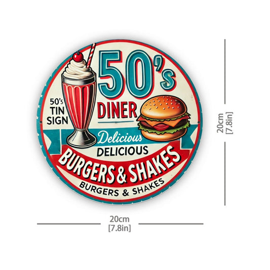 1 Vintage 50'S Diner Metal Sign - Classic Burger & Shake Design, Ideal for Retro Restaurants or Nostalgic Home Kitchen Walls, Durable Iron, 8x8 Inches, Food Wall Art, Perfect for Room Decor SS69