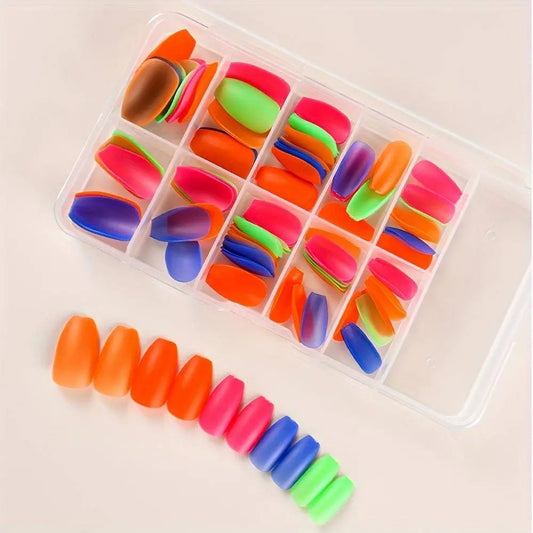 120Pcs Fluorescence Fake Nails Full Cover Summer Neon Colors Short Coffin Glue On Nails Solid Colors For Nail Art DIY Manicure Glow In The Dark SS69