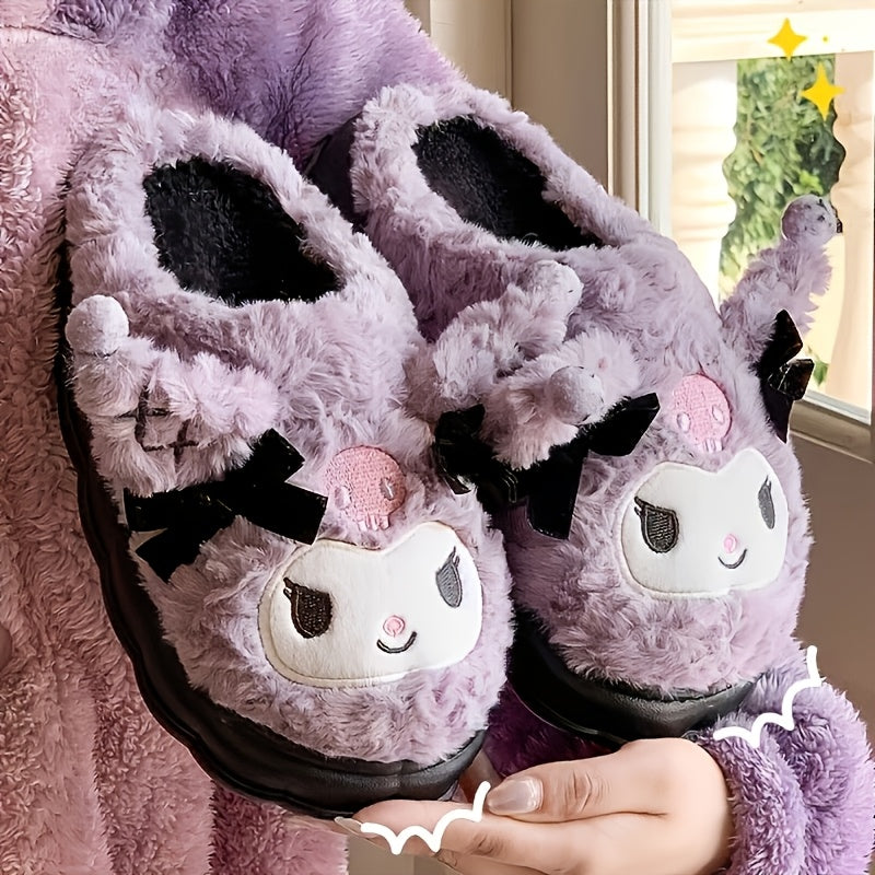 1 Pair Sanrio Hello Kitty Kuromi Women's Plush Slippers - Cute Character Design with Bows, Soft Fabric Upper & Lining, Non-Slip PVC Sole, Warm Winter Indoor House Shoes for Women, Playful Design, Comfortable Footwear SS69 18.69 Light Purple / US 6.5-7