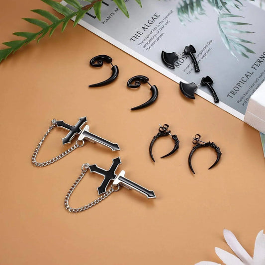 16 Pairs Y2K Punk Black Stainless Steel Earrings Set - SS69
