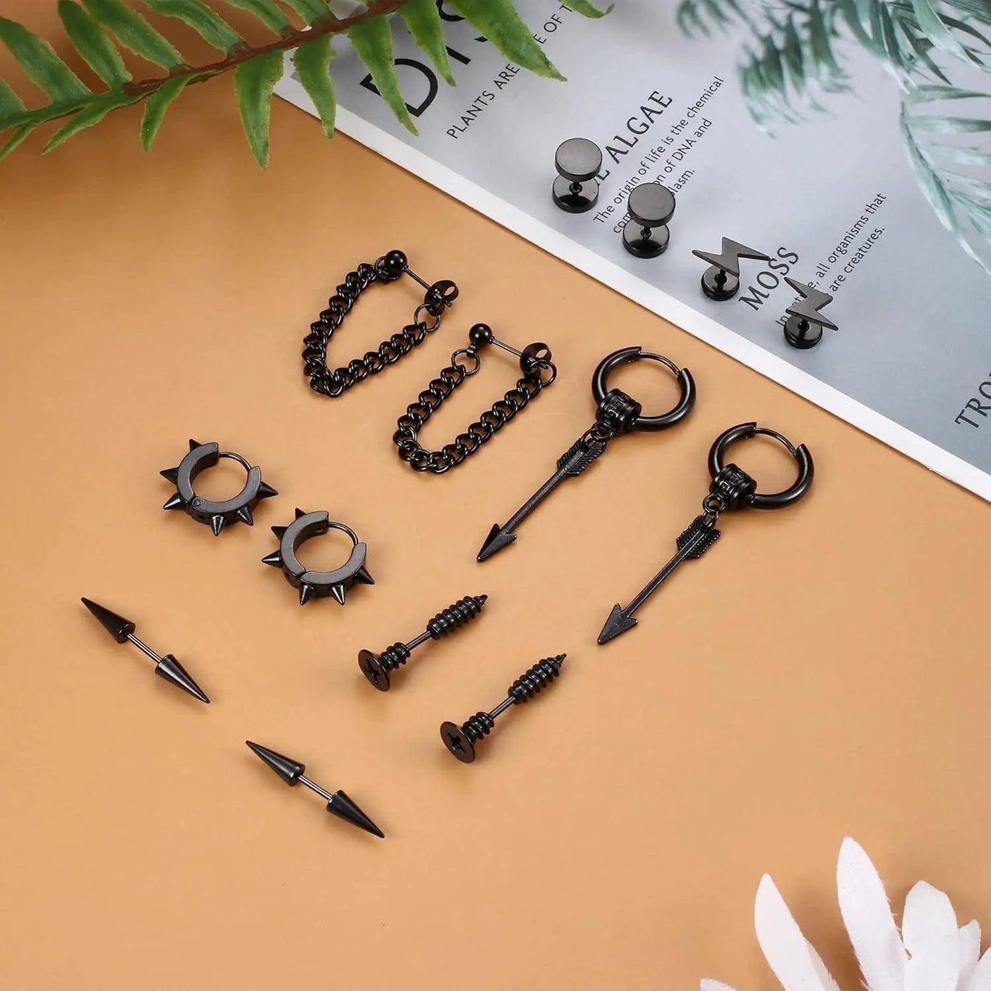 16 Pairs Y2K Punk Black Stainless Steel Earrings Set - SS69