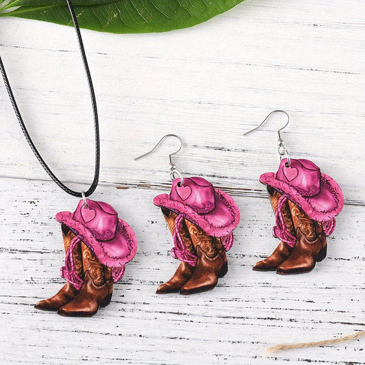 3pcs of Retro Western Style Pink Denim Hats and Boot Pendants, Earrings, Necklace Set, Women's Wooden Double-sided Jewelry, Daily and Party Accessories, All Year Round Wear, Denim Accessories SS69