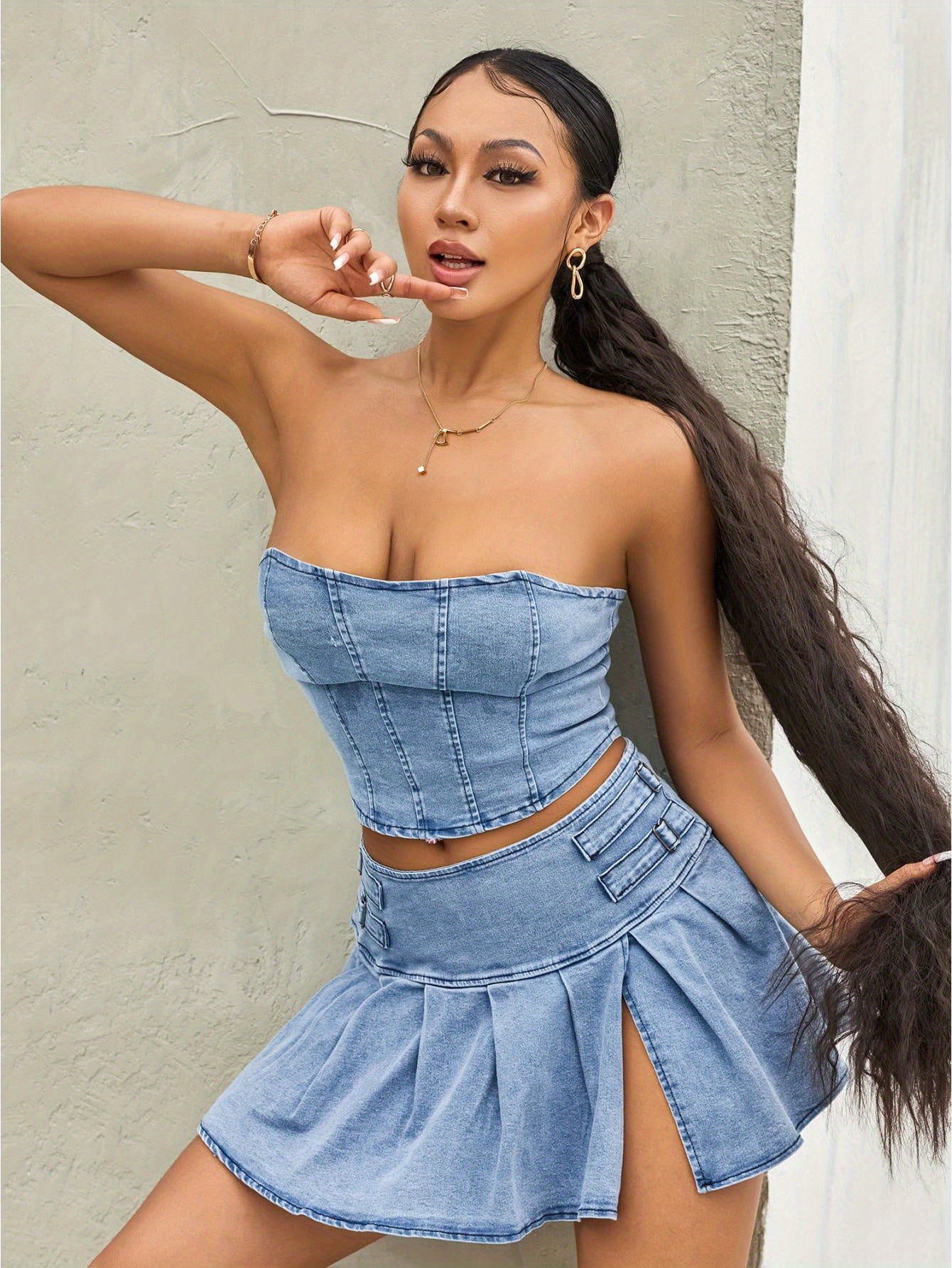 2pcs Women's Summer Outfit Sets - Sleeveless Off Shoulder Bandeau Top + Pleated Denim Skirt, Cute Spring/Summer Polyester Outfit, Machine Washable, Lightweight & Comfortable - SS69