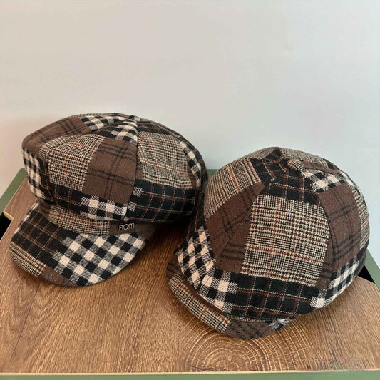 Vintage Plaid Beret Cap - Unisex Autumn/Winter British Style Painter Hat - Fabric, Stripe Craftsmanship, Inelastic, Packable, Random Print Position