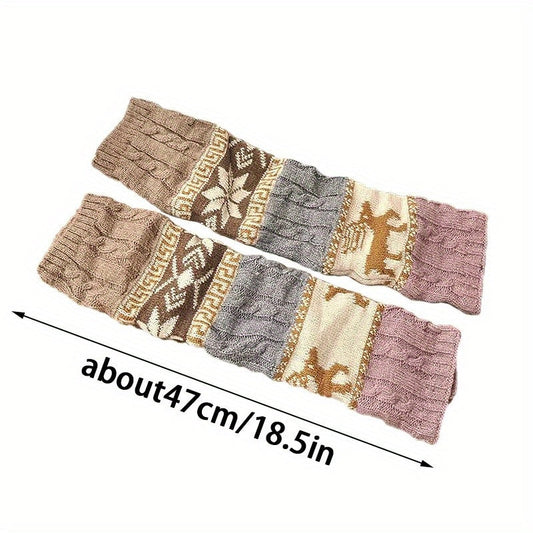 1 Pair Women's Christmas Deer & Snowflake Crochet Knee-High Socks - Stretchy Winter Boot Socks with Leg Warmers, Multi-Color Festive Patterns, Hand Wash Only, Christmas Socks SS69