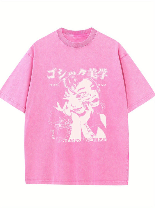 Men's Gothic Japanese Abstract Print T-Shirt - Retro Washed 100% Cotton, Loose Fit Summer Tee for Casual & Outdoor Activities, Vintage Graphic Design, Relaxed Style, Perfect for Casual Attire, Vintage T Shirts SS69