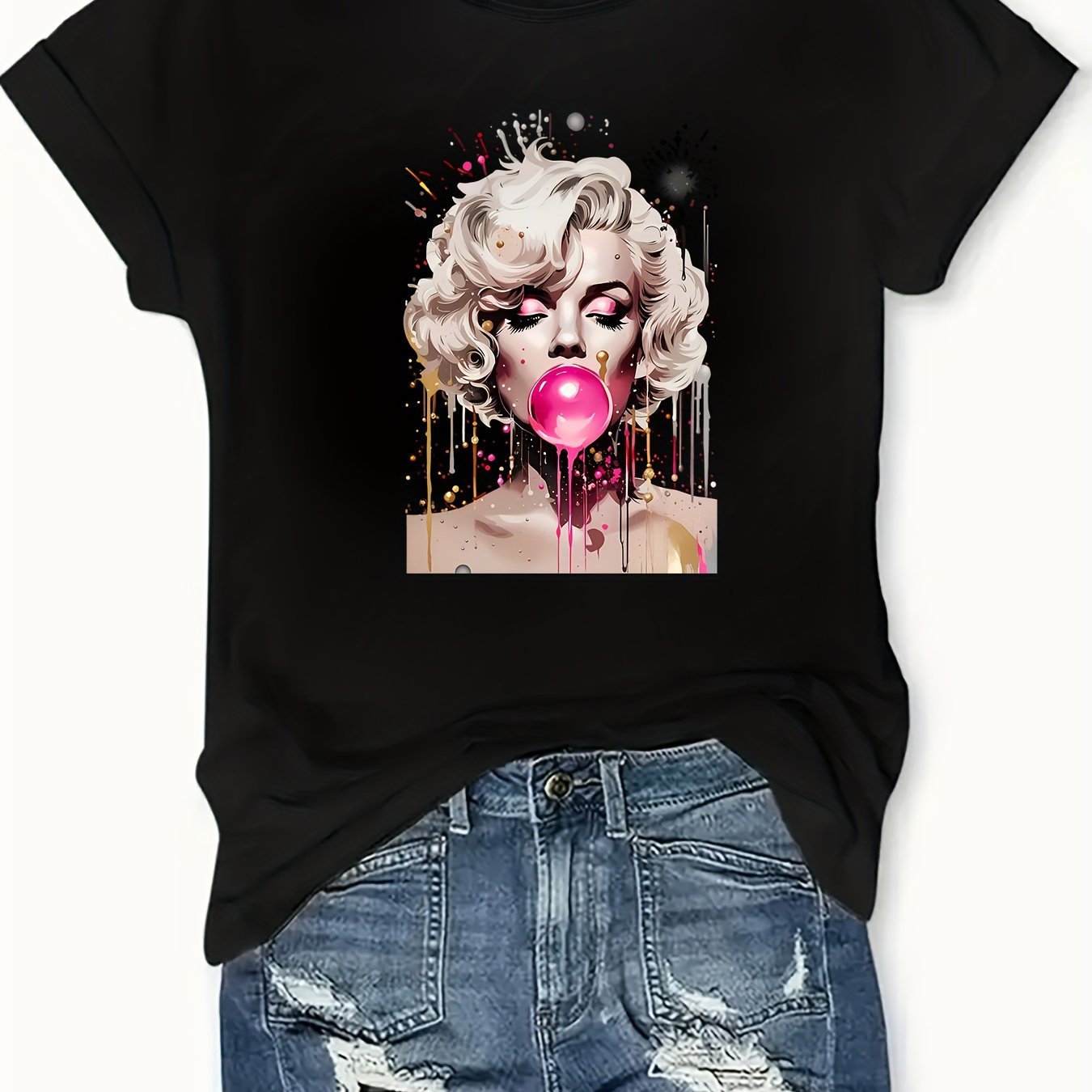 180g Women's Casual Crew Neck Short Sleeve T-Shirt, 100% Knit Fabric, All - Season Comfort Fit with Bold Pop Art Graphic Print, Round Neck Athletic Top for Adults, Everyday Tshirt | Artistic Fashion | Machine Washable, Ladies T - SS69