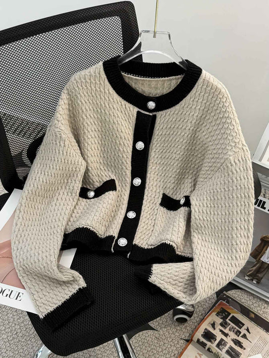 Solid Color Casual Cardigan with Contrast Trim & Pocket - Cozy Fall/Winter Sweaters, Hand Washable Layering Blouses for Jeans, Dresses, Skirts - Non- Basic Outerwear