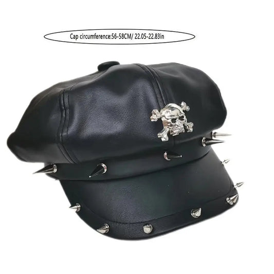 1PC Y2K Punk Rivet PU Leather Cap for Women - Adult Hip-Hop Dance Skull Hat, Inelastic Street Style Octagonal Cap for Halloween, No Feather, Stripe Craftsmanship - SS69