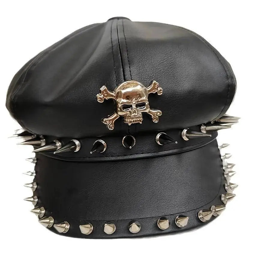 1PC Y2K Punk Rivet PU Leather Cap for Women - Adult Hip-Hop Dance Skull Hat, Inelastic Street Style Octagonal Cap for Halloween, No Feather, Stripe Craftsmanship - SS69