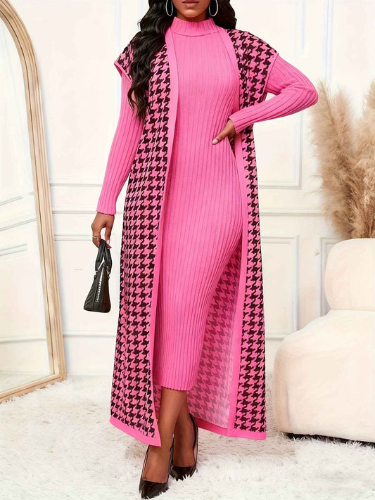 Women's Elegant Houndstooth Print Cardigan Vest - Oversized Collar Long Sleeveless Jacket, Black/White/Yellow/Beige, Fall Winter Warm Coat, Machine Washable Blazer for Casual & Formal Wear