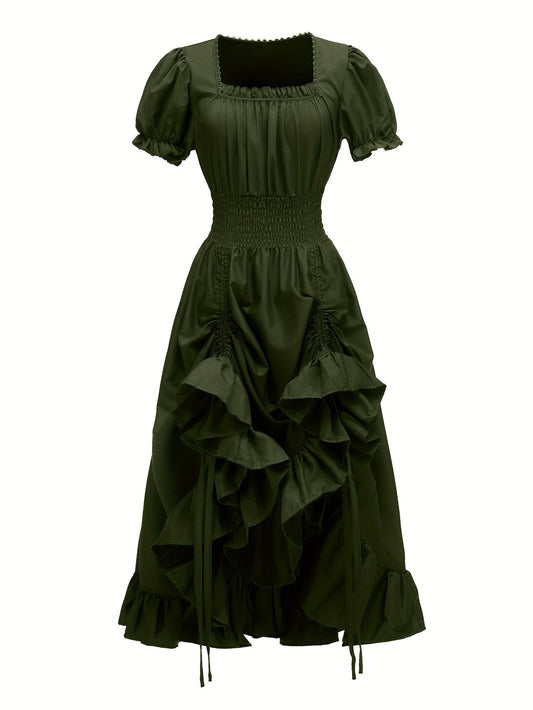 Renaissance Victorian Vintage Square Neck Short Sleeve Dress - Light Blue A-Line Umbrella Skirt with Ruffled Layers, Elegant Cosplay Costume for Halloween, Themed Parties & Special Occasions, Halloween Costumes, Sophisticated SS69