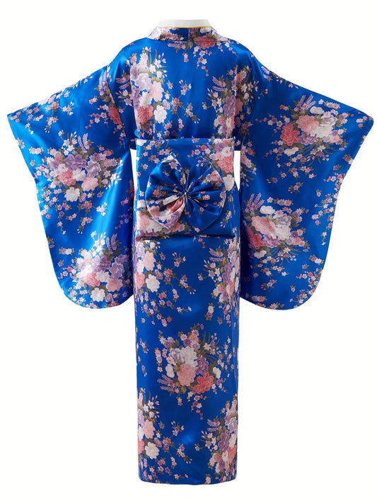 1pc Traditional Japanese Kimono for Women - Floral Print Dress Robe with Belt, Polyester Fabric, Full-Length Sleeves, Open Front, Regular Fit, Geisha Bathing Costume, Cosplay, Halloween, Carnival Party Wear SS69