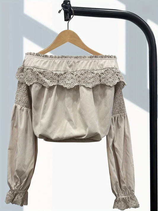 1pc Vintage Style Off-the-Shoulder Lantern Sleeve Pleated Blouse - Polyester Fabric, Solid Color, All-Season Adult Shirt with Lace Detailing SS69
