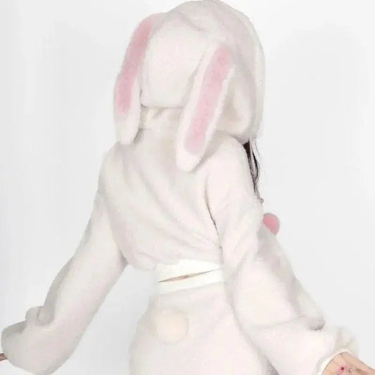 2025 New Fluffy Rabbit Ear Hoodie Coat Women+ Y2k E-Girl High Waist Bodycon Split Skirts Winter Thicked Warm Two Piece Sets - SS69