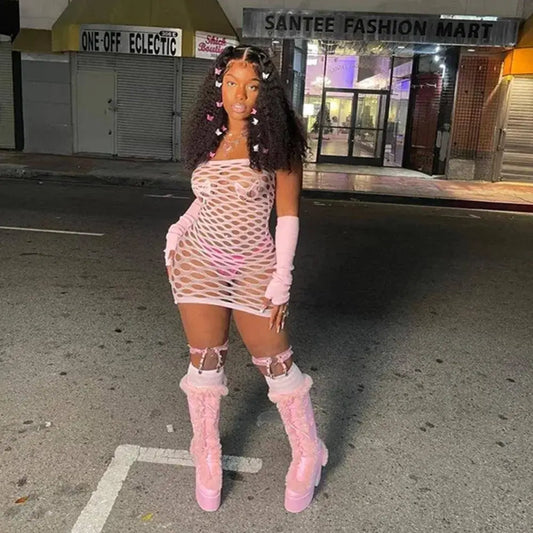 2025 New Mesh Hollow Out Women's Mini Dress Sexy Club Party Bodycon Fashion Evening Dresses Elegant Clothes Pink Luxury Dresses SS69