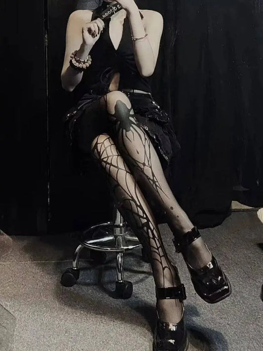 2025 New Vintage Dark Gothic Fishnet Tights Women Emo Alternative Sexy Spider Web Witch Pantyhose Y2k E-girl Cyber Punk Socks - SS69