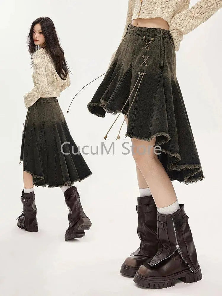 2025 Women Lace Up Academia E-girl Japanese Y2k Irregular Pleated Denim Skirt Gyaru Coquette Harajuku 2000s Jean New - SS69