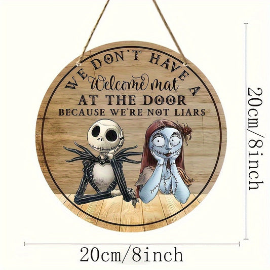 1pc Disney The Nightmare Before Christmas Jack & Sally Metal Sign - 8-Inch Round Rustic Welcome Door Decor with "We Don't Have a Mat" Humorous Quote, Weather-Resistant Indoor/Outdoor Wall Art for Halloween, Christmas, Thanksg SS69