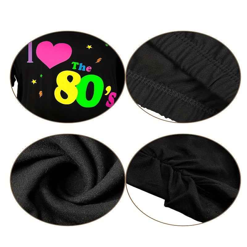 80s Women Costume Set, T-Shirt, Geometric Legging Pants Earring Necklace Gloves Bracelet