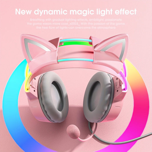 ONIKUMA Pink Cat Ear Gaming Headset with RGB Illuminated Headband, Detachable Flexible Mic, and Volume Controls - USB Powered Wired Over-Ear Headphones for PC Gamers, Gaming Headphones SS69