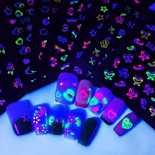 24 Sheets 3D Glow in The Dark Neon Nail Stickers Glittery Glossy Self-Adhesive Nail Art Stickers Butterfly Love Heart Flower Nail Art Decoration for Women Girl DIY Nail Art Deco SS69