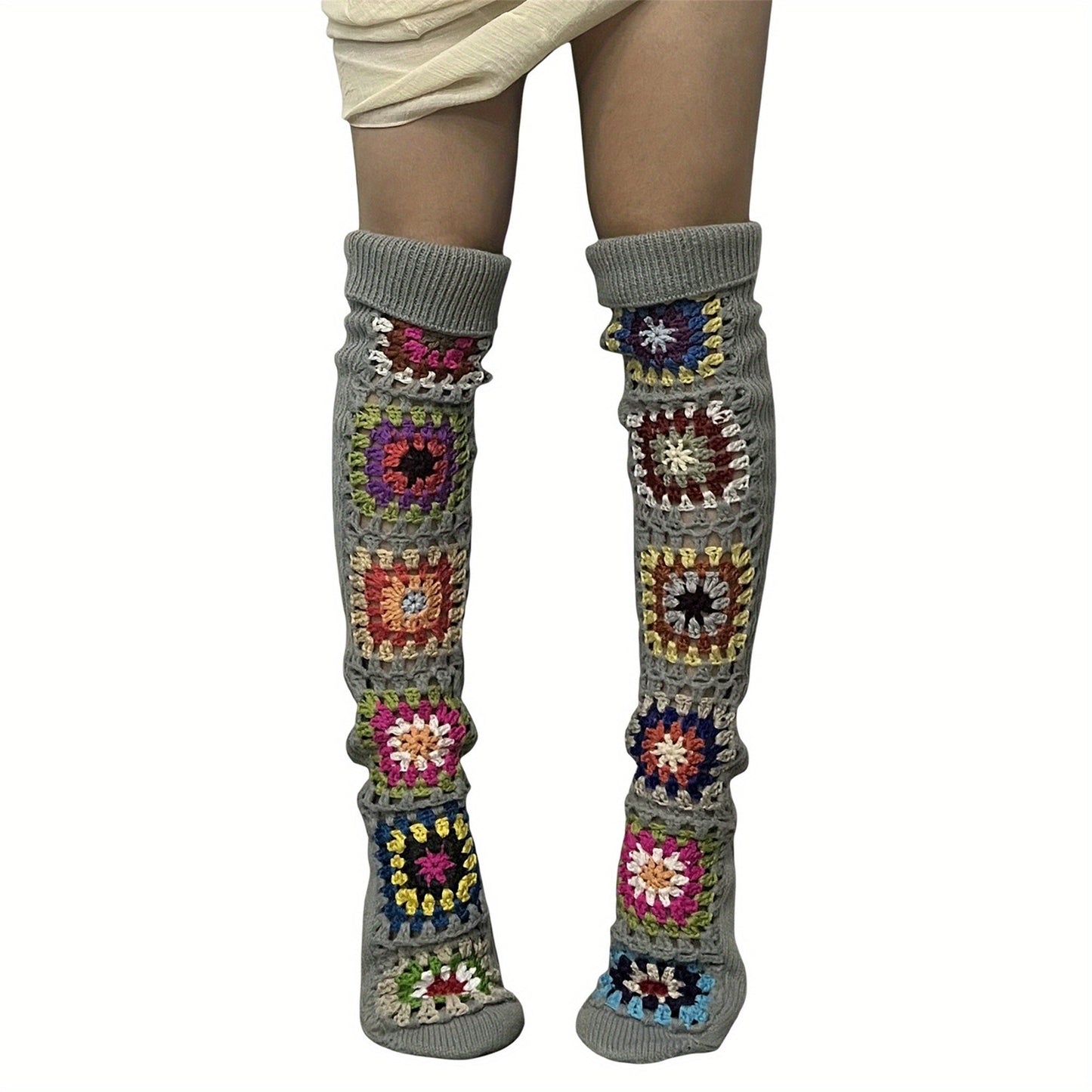 Cozy Winter Thigh Socks - Long Knit Over Knee Stockings - Boho Leg Warmers Crochet SS69 17.69 grey / One-size