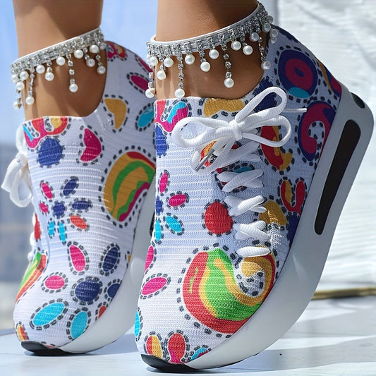 Fabric Upper Low Top Women's Fashion Sneakers, Casual Lace-up Printed Shoes, MD Sole, Fabric Lining, Random Print, All-Season SS69