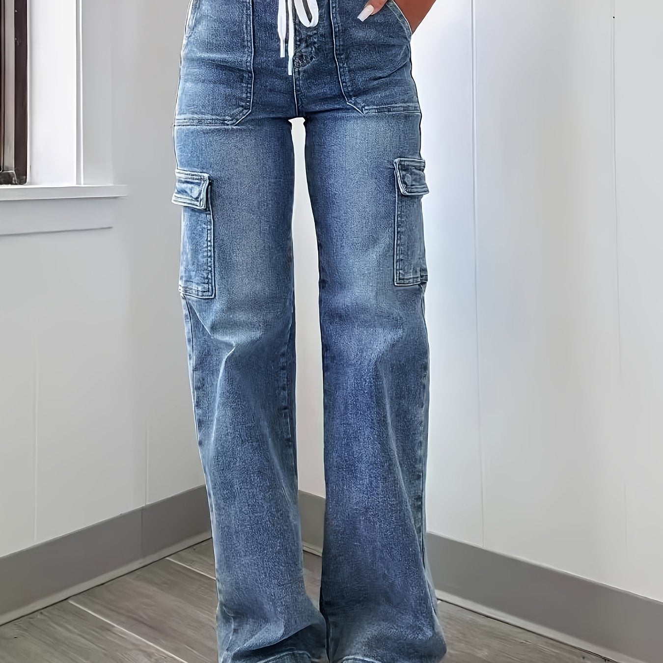 2025 New Style Women'S Leisure Straight-leg Jeans With Laces And Multiple Pockets. Casual Fashion Denim Fabric Sweatpants Jeans Fit Womenswear - SS69