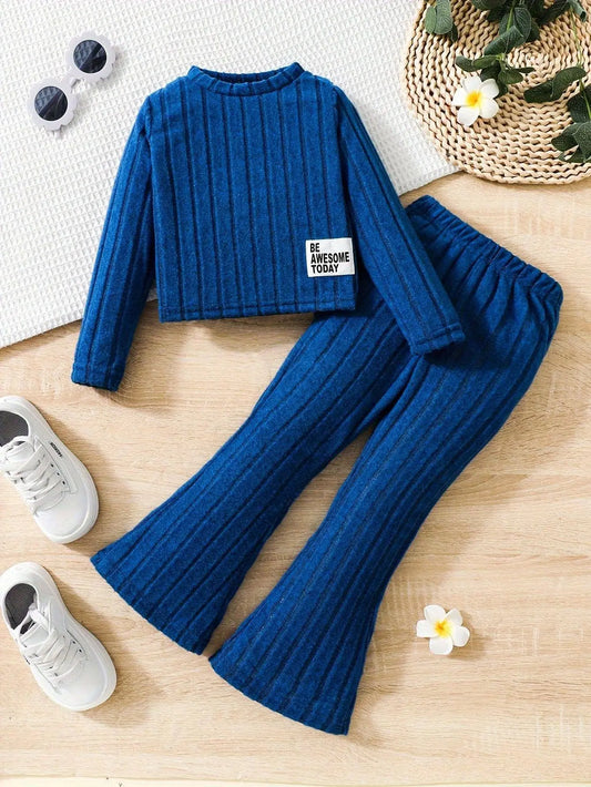 2pcs Toddler Girls Ribbed Outfits Crew Neck Long Sleeve Pullover Top + Flare Pants Set Spring Fall Sports Gift, Outdoor Clothing SS69