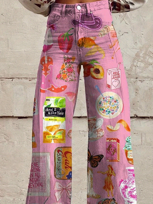 1 Pair of European And American Women'S Retro Style Denim High Waist Wide Trousers, Casual Style, Creative Printing, Suitable for Wearing in All Seasons Denim Women'S Trendy Trousers SS69