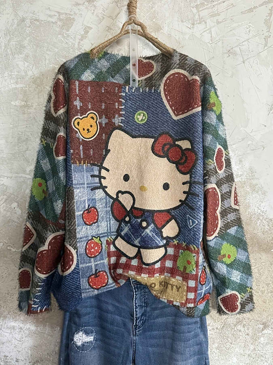 Plus Size, Women's Plus Size Elegant Oversized Plush Cat & Floral Sweater - Loose Fit Round Neck Long Sleeve Pullover, Cozy Winter Sweaters Suitable for Fall/Winter, Casual & Semi-Formal Wear