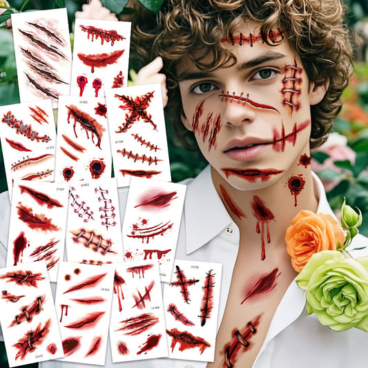 12 Sheets Halloween 3D Fake & Bloody Wound Temporary Tattoos for Adults - Realistic Horror Face & Body Paint with Lip, Jaw, Neck, Back, Leg Designs - Safe Non-Permanent Tattoo Makeup for Zombie Cosplay, Costume Parties & Pran SS69
