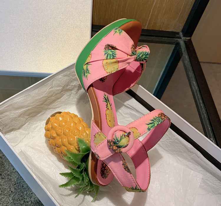 Women's Pineapple Print Platform Sandals - Thick Sole Super High Heels with Ankle Strap Closure, Open-Toe Summer Party Shoes in Pink & Green, Durable Fabric Upper & Rubber Sole for Dressy Occasions, Beachwear, Themed Events -