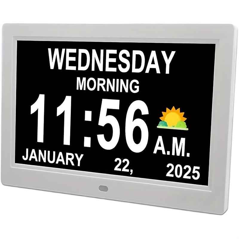 Large Digital Clock Designed for Seniors with Dementia, Featuring a Calendar Display, Alarms, And Functions As a Wall Clock Showing Day And Date. It Also Serves As an Alarm Clock, Desk Clock, Electronic Photo Frame, And Suppo
