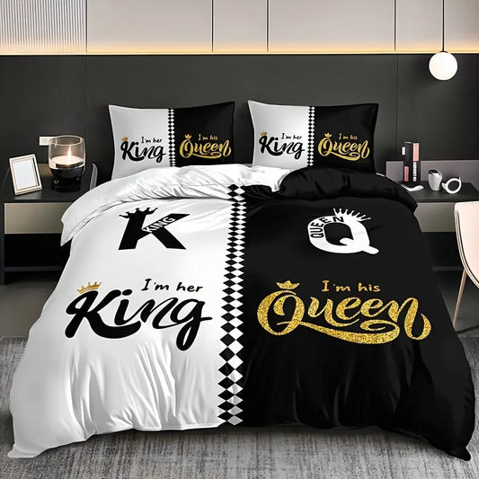 3pcs Soft & Breathable Duvet Cover Set - HD Black & White Letter Crown Print, Includes 1 Duvet Cover and 2 Pillowcases (No Insert) - Perfect for All Seasons SS69