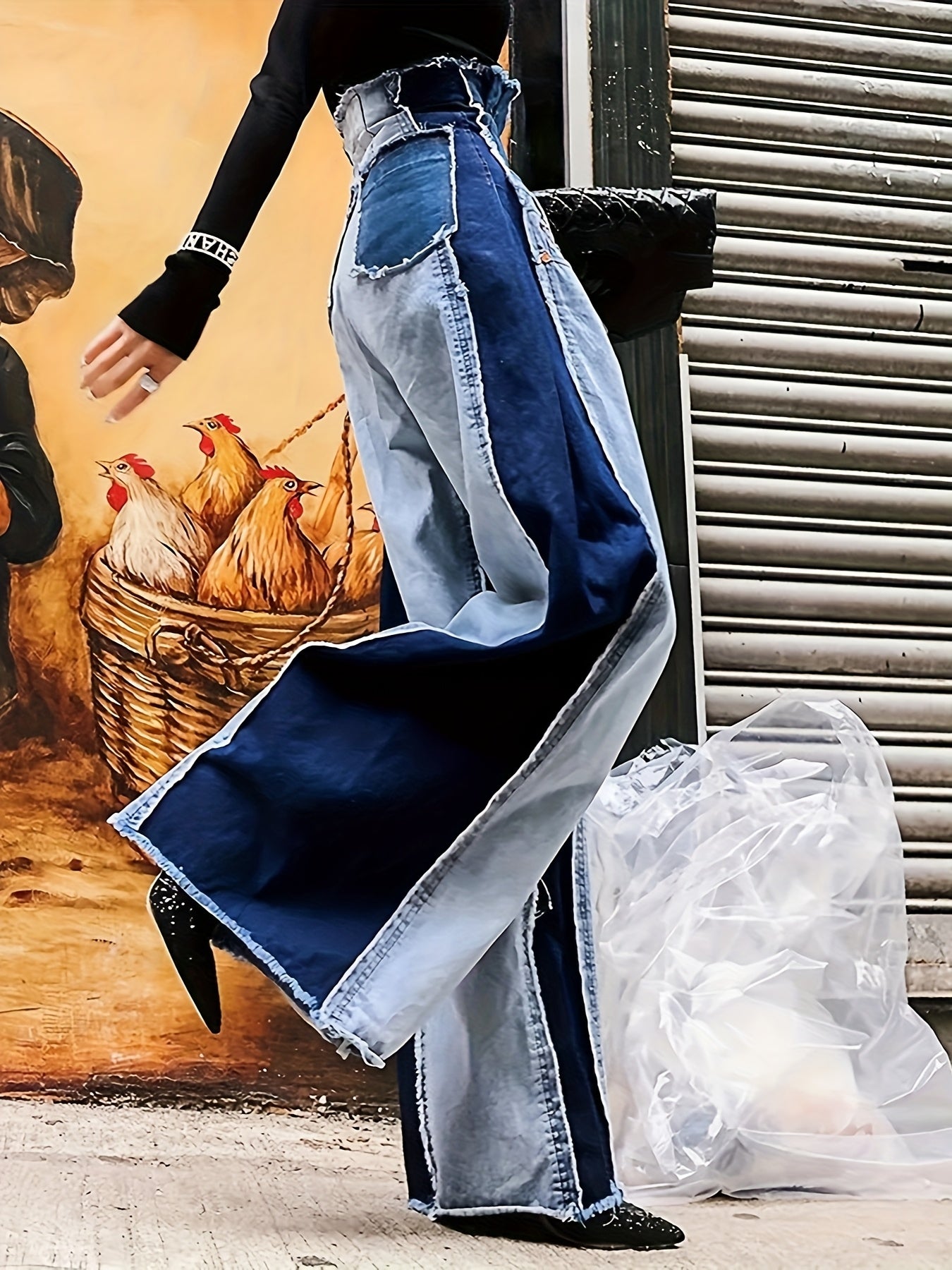 Women'S High Waisted Spliced Color Raw Edge Design Jeans - SS69