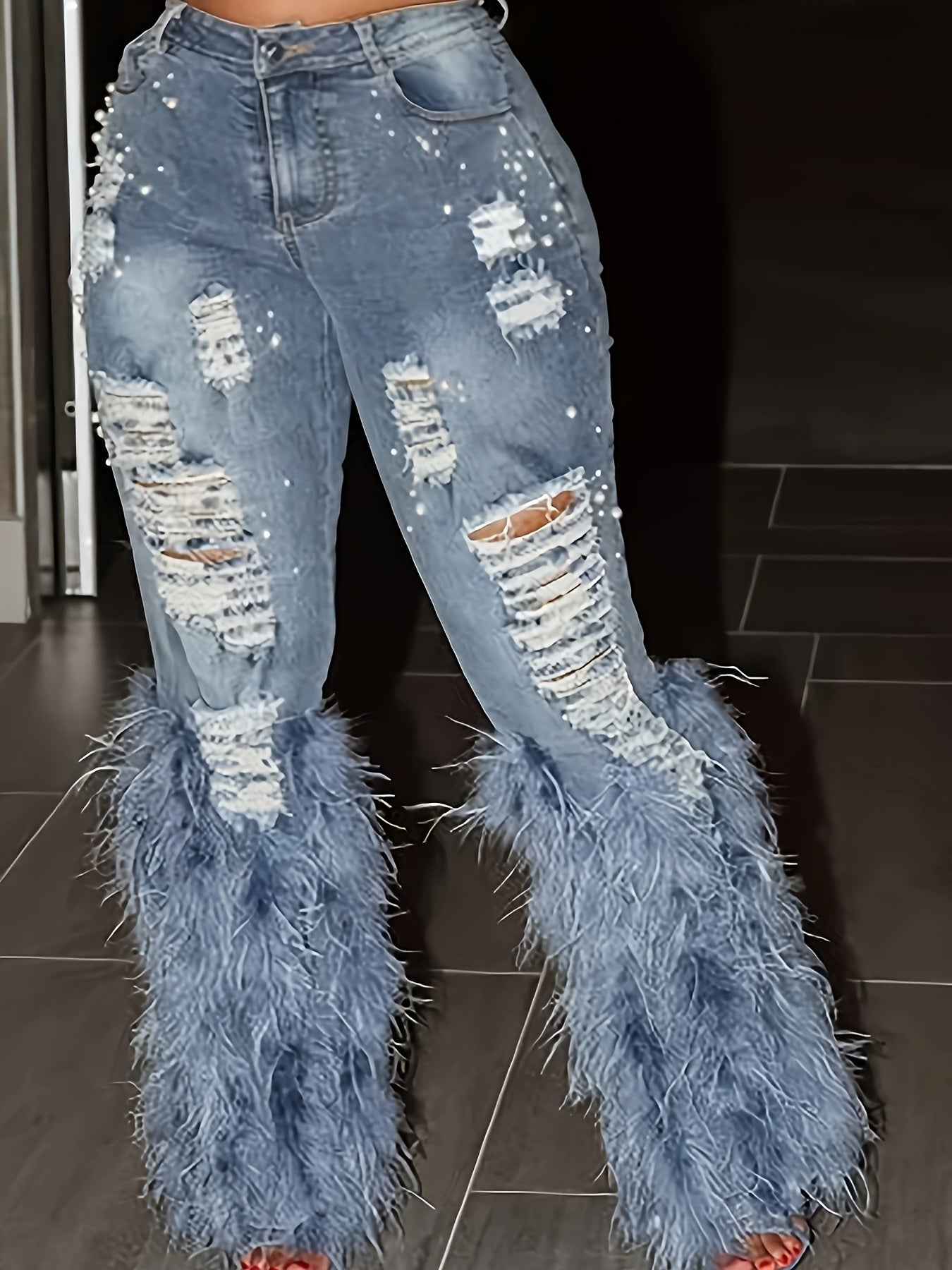 Denim Ripped Design Pearl Embellished Jeans