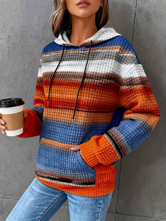 Plus Size - Women'S Plus Size Oversized Hoodie - Cozy Fall/Winter Sweatshirt with Drawstring Hood & Side Pockets, Blue/Orange/Red/Black/Gray Striped Pullover for Everyday & Formal Outfits - Casual Loose Fit Sweater, Sweater H