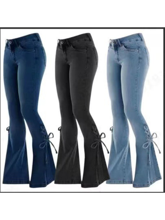 Women'S 100% High-Stretch Mid-Rise Slim Flared Jeans with Tie-Front Detail - SS69